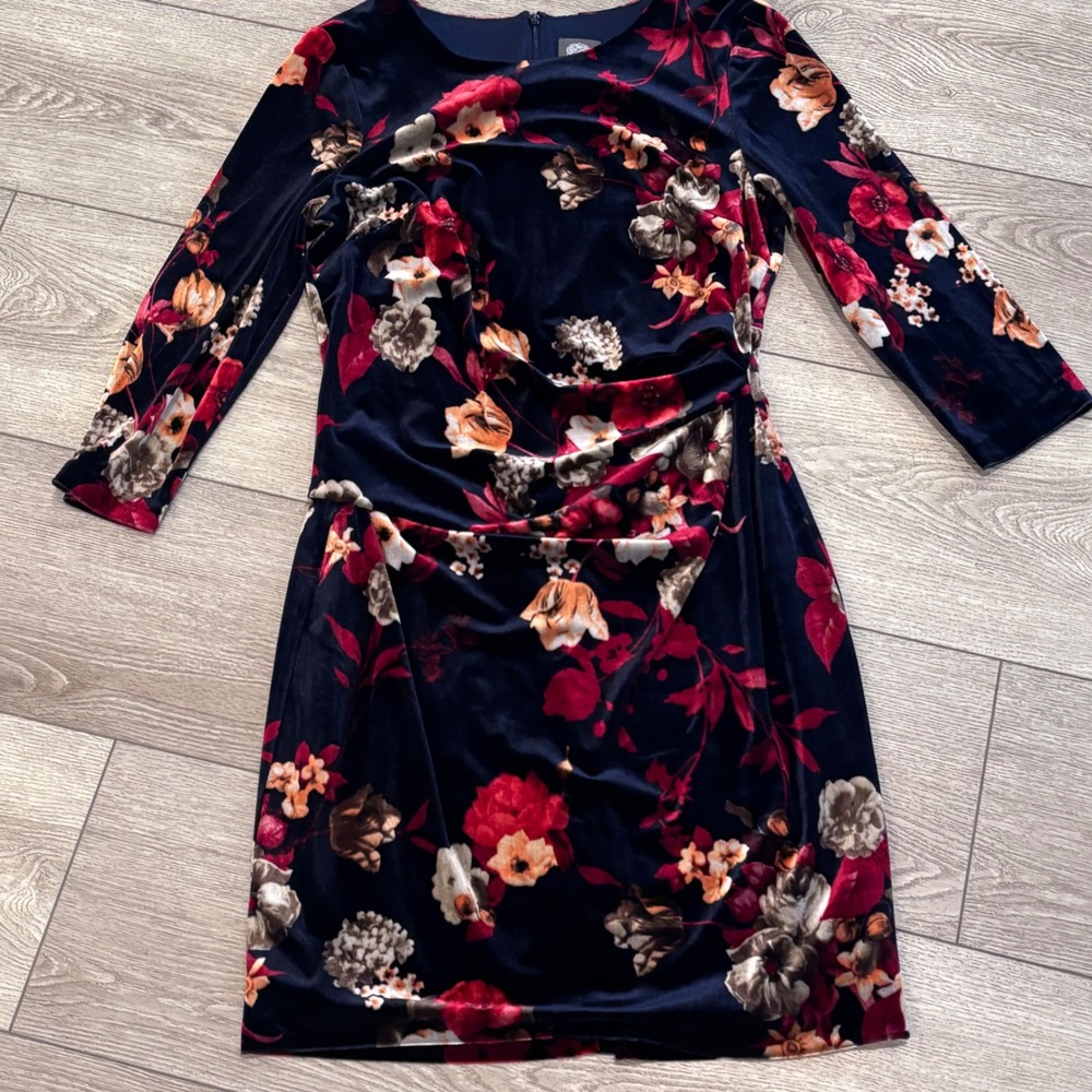 Vince Camuto Sheath Dress Womens 14 Navy Velvet Floral Ruched Cocktail Evening